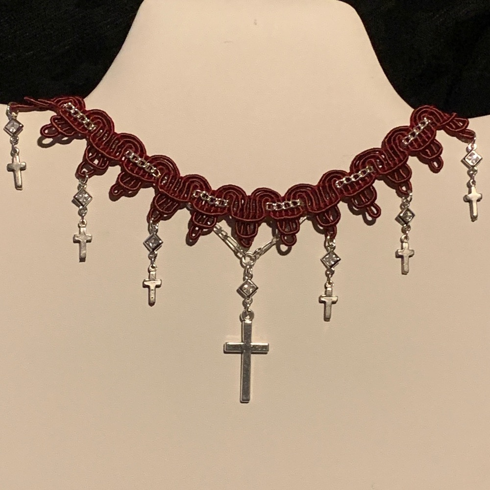 O.O.A.K. Red Ribbon Silver Rhinestone Cross Choker - Picture 12 of 13